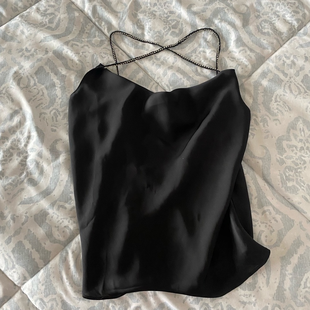 Zara Black Satin Cowl Neck Tank With Bedazzled Straps L